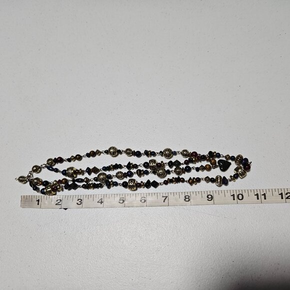 Elegant Art Deco Gold Tone Blue Chunky Gemstone Beaded Heart Pendant Necklace - Picture 7 of 9